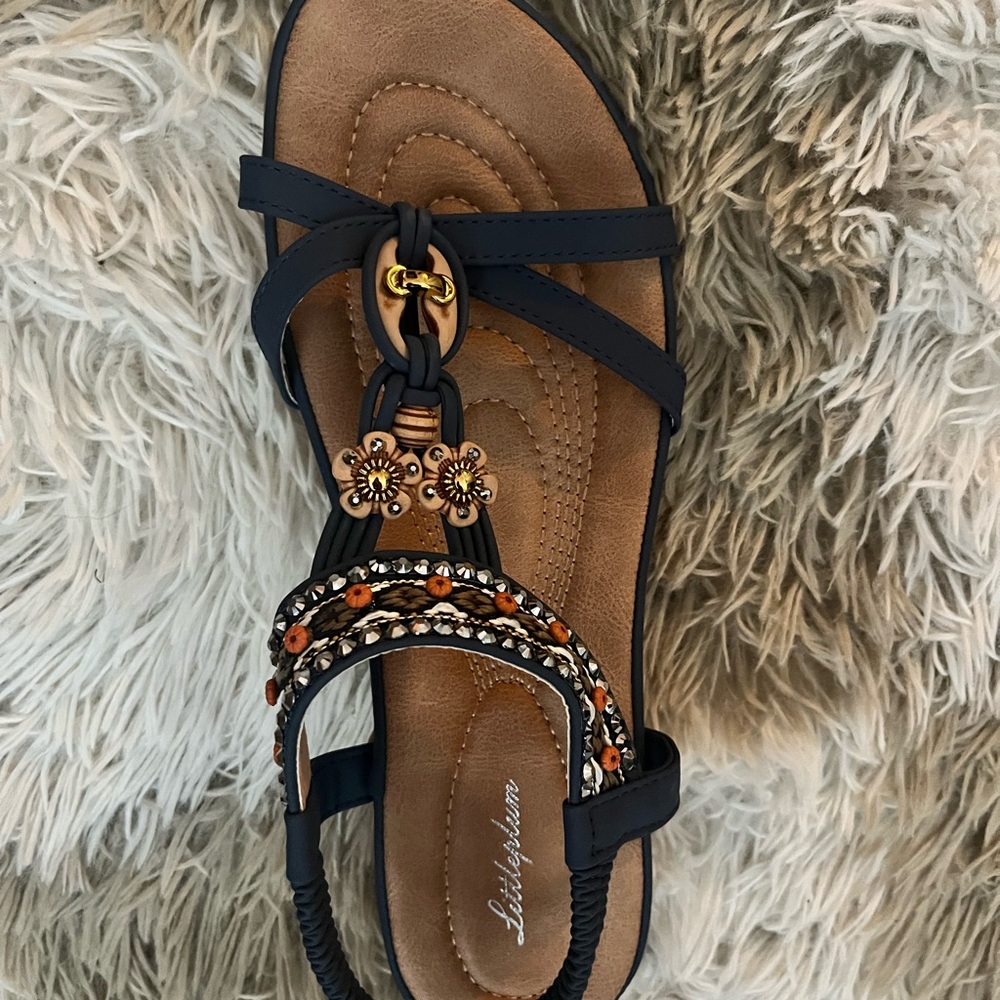 Lily Bloom Black and Tan Embellished Sandals